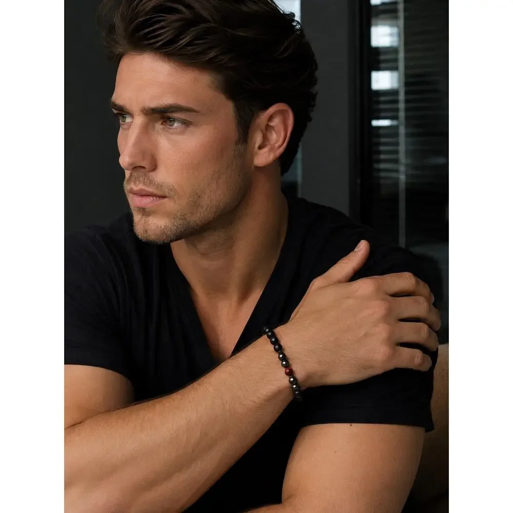 Andrew Christian Black Silver Red Bead Stretch Bracelet — OS